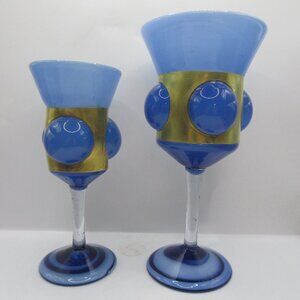 Two Vintage Felipe Derflingher Caged Blue Glass Goblets